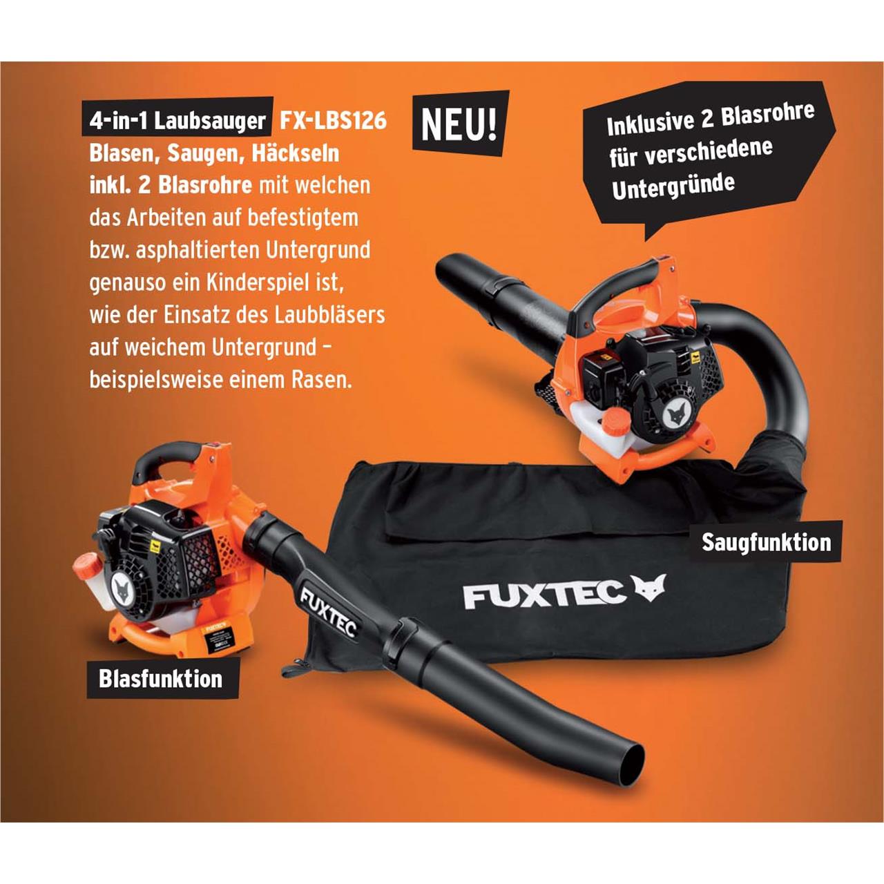 FUXTEC FX-LBS126 4w1 odkurzacz do lisci, dmuchawa do lisci, rozdrabniacz do lisci wraz z dwiema rurkami dmuchawymi